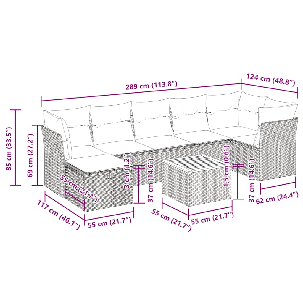 Σαλόνι Κήπου Σετ 8 Τεμαχίων Γκρι Συνθετικό Ρατάν με Μαξιλάρια