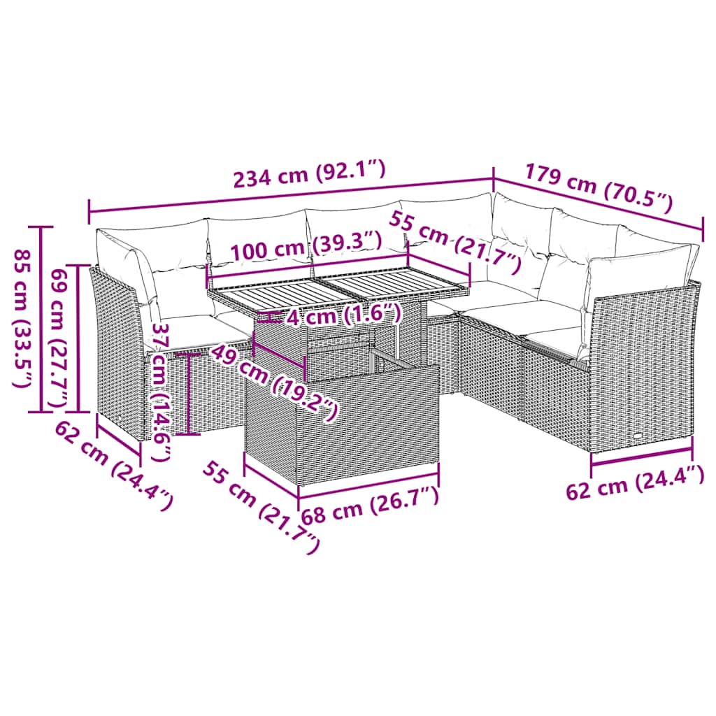Σετ Σαλονιού Κήπου 7 τεμ. Γκρι Συνθετικό Ρατάν με Μαξιλάρια
