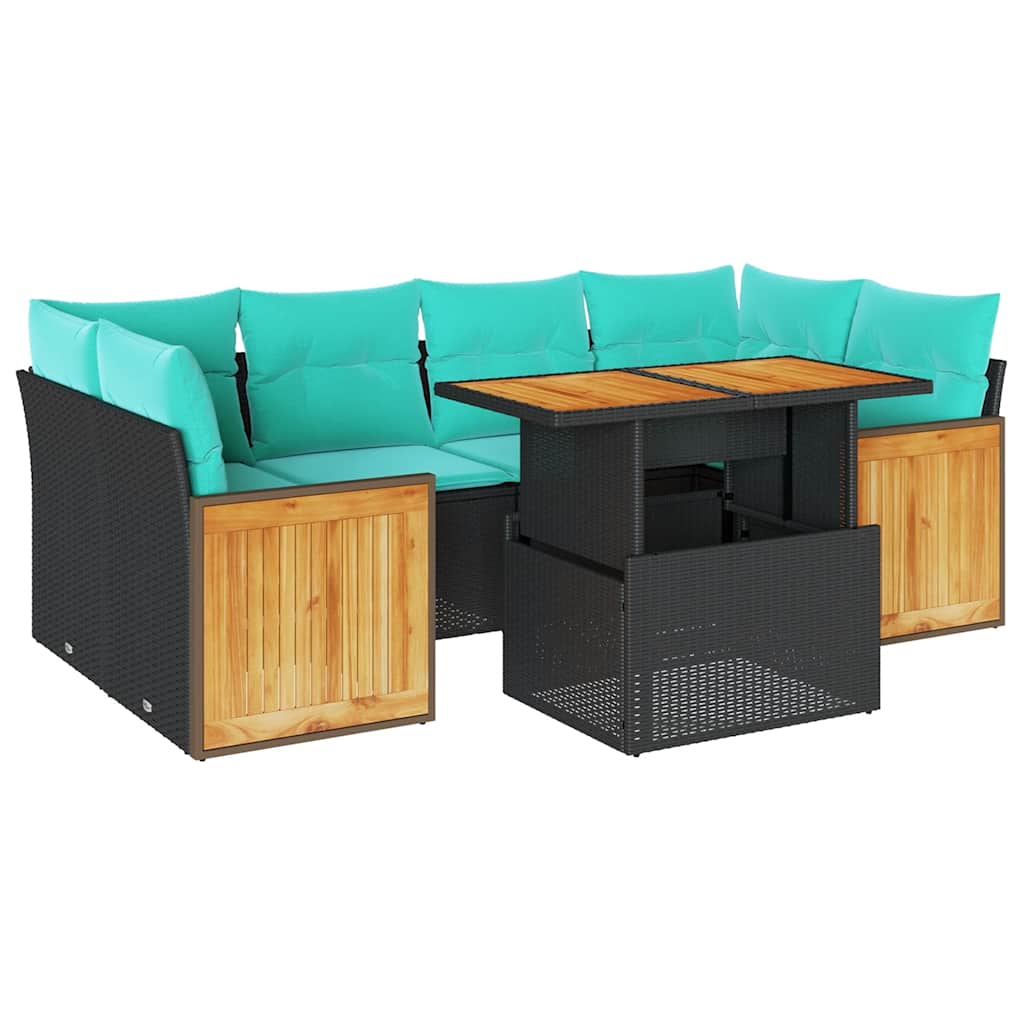 Καναπές Σετ 7Τεμαχίων Μαύρο Συνθετικό Ρατάν με Μαξιλάρια Ακακία - Pakobazaar