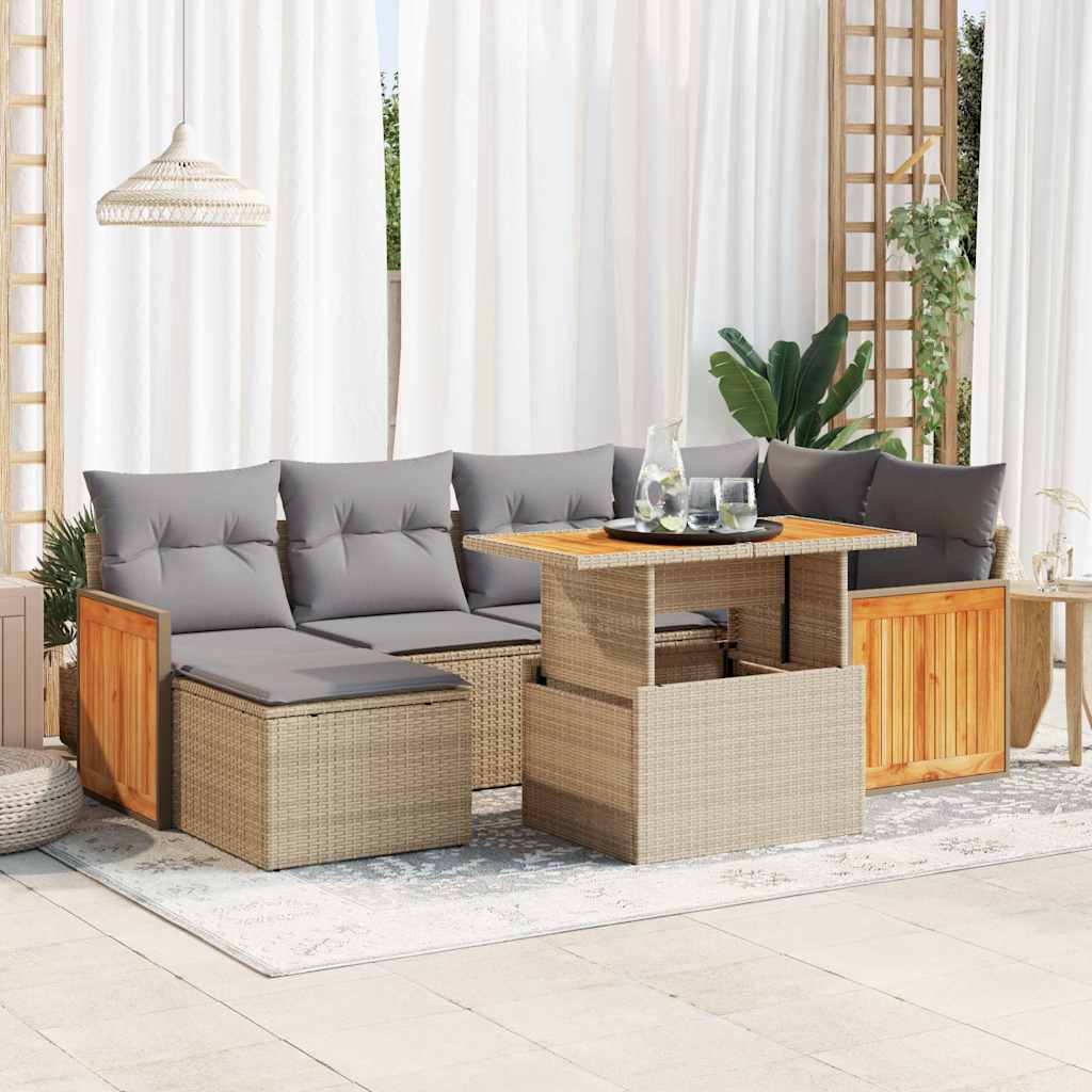 Σαλόνι Κήπου Σετ 7τεμ Μπεζ Συνθετικό Ρατάν με Μαξιλάρια ακακίας