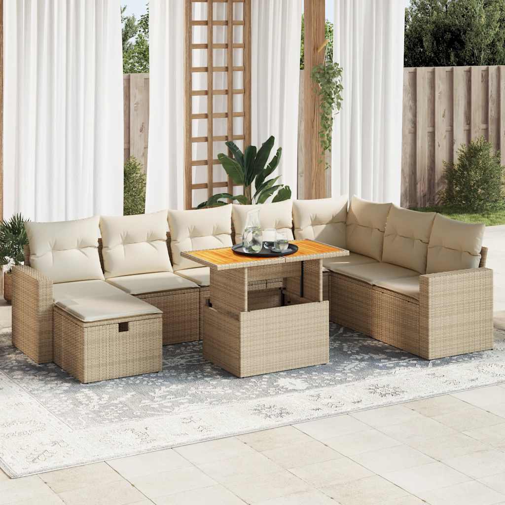 Σαλόνι Κήπου Σετ 9 τεμ Μπεζ Συνθετικό Ρατάν με Μαξιλάρια Ακακία - Pakobazaar