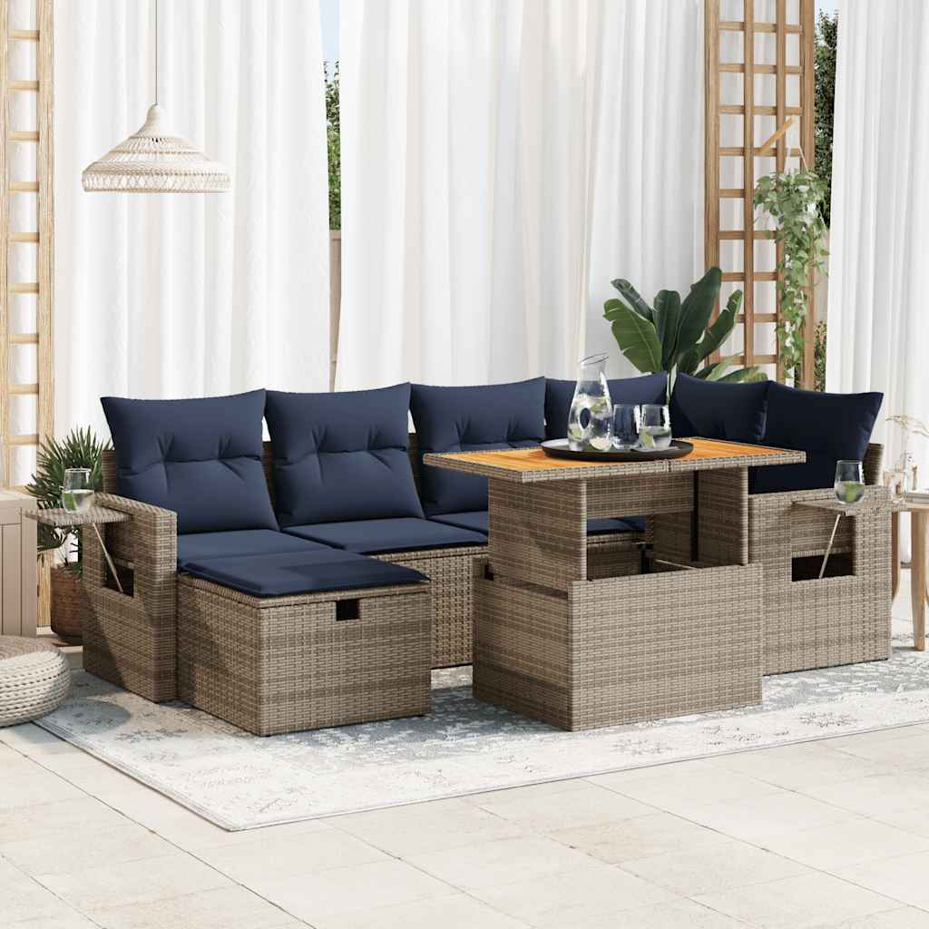 Καναπές Σετ 7Τεμαχίων Μαύρο Συνθετικό Ρατάν με Μαξιλάρια Ακακία