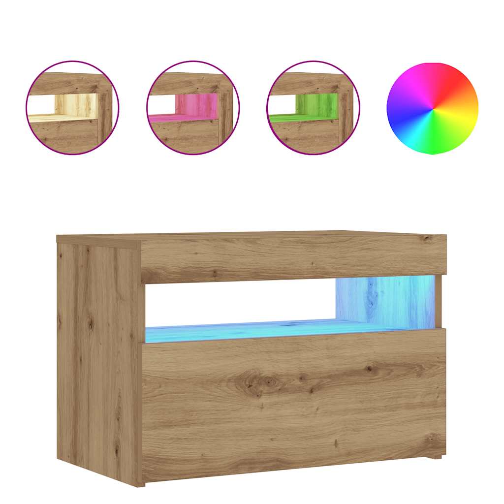 Κομοδίνο με φώτα LED Αρτισιανή Δρυς 60x35x40 εκ. από Επεξ. Ξύλο