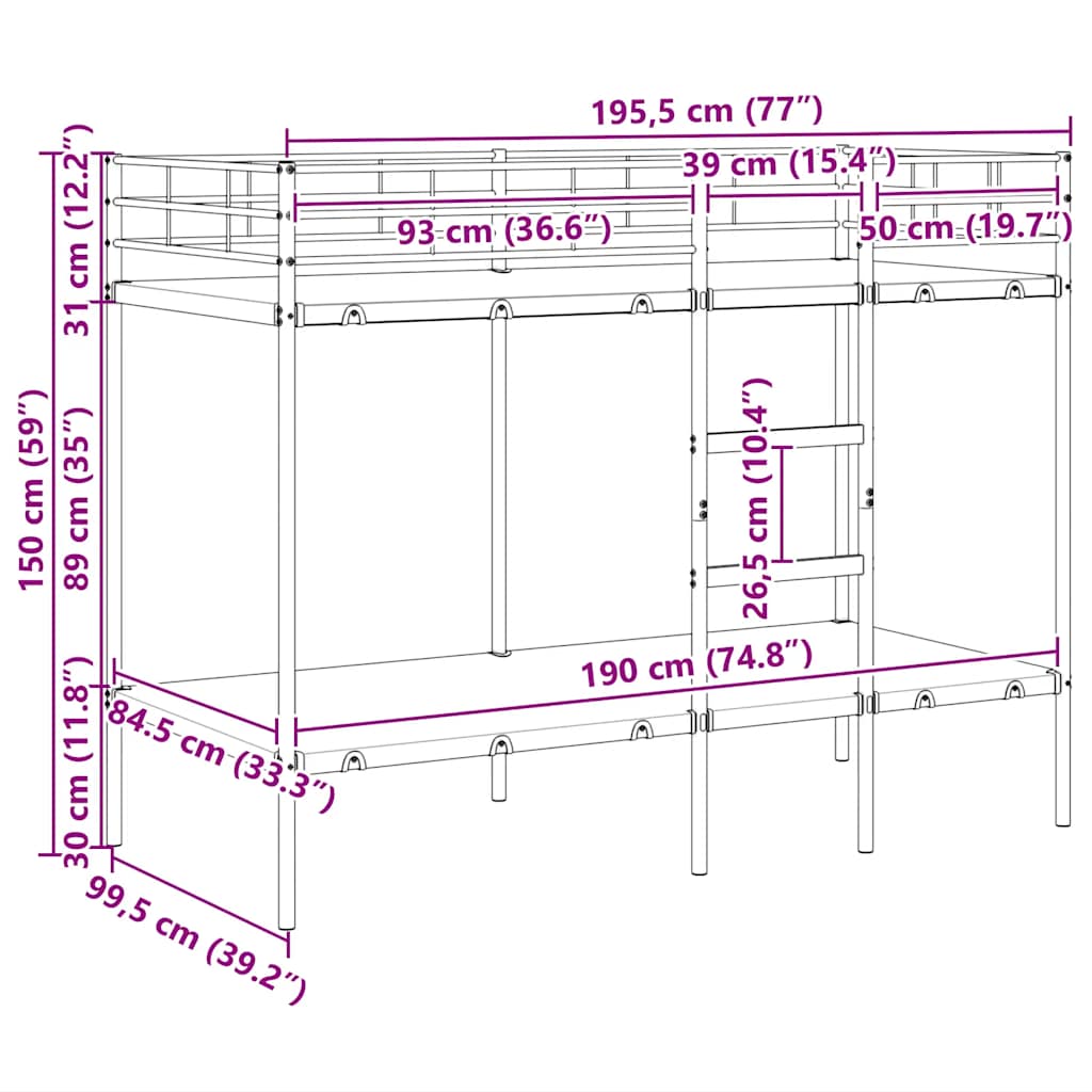 Κουκέτα χωρίς στρώμα Μαύρο 100x190 cm Ατσάλι - Pakobazaar