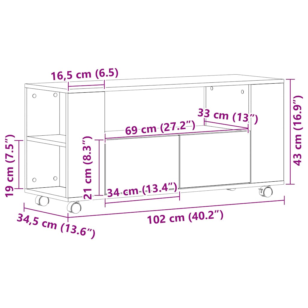 Ντουλάπι τηλεόρασης με ρόδες Μαύρη Δρυς 102x34,5x43 cm - Pakobazaar