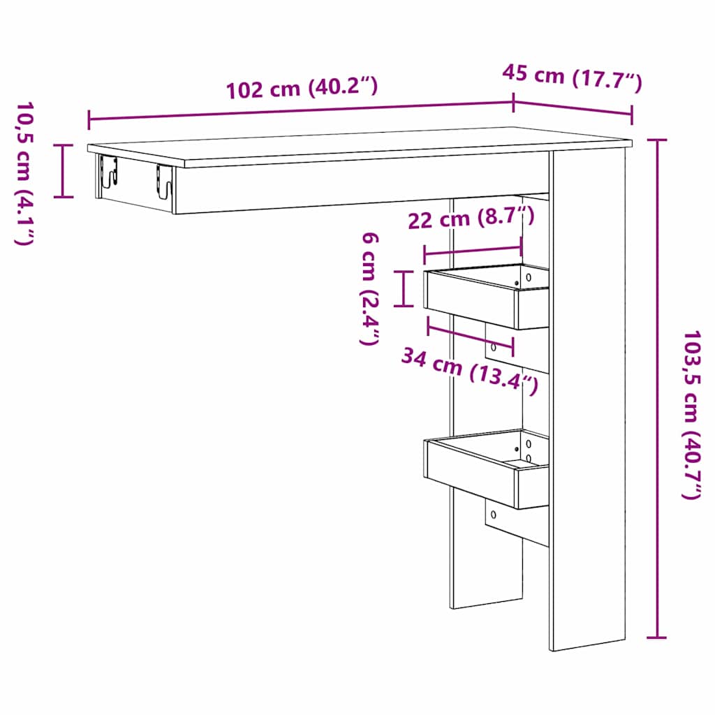 Τραπέζι Μπαρ Τοίχου με ράφι Μαύρη Οξυά 102 x 45 x 103,5 εκ. - Pakobazaar
