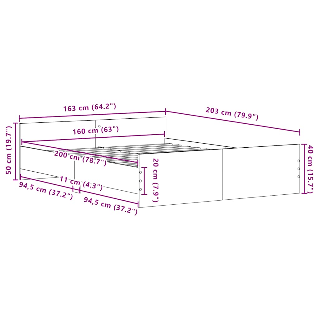 Πλαίσιο κρεβατιού χωρίς στρώμα 160x200 εκ. Επεξεργασμένο Ξύλο
