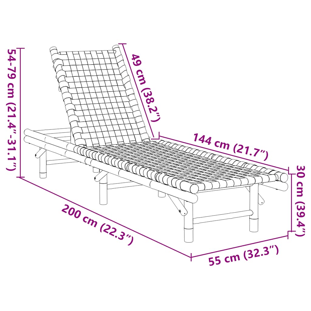 Ξαπλώστρα με Μαύρο Υφασμάτινο Ιμάντα 55 x 200 x 30 εκ. από Μπαμπού - Pakobazaar