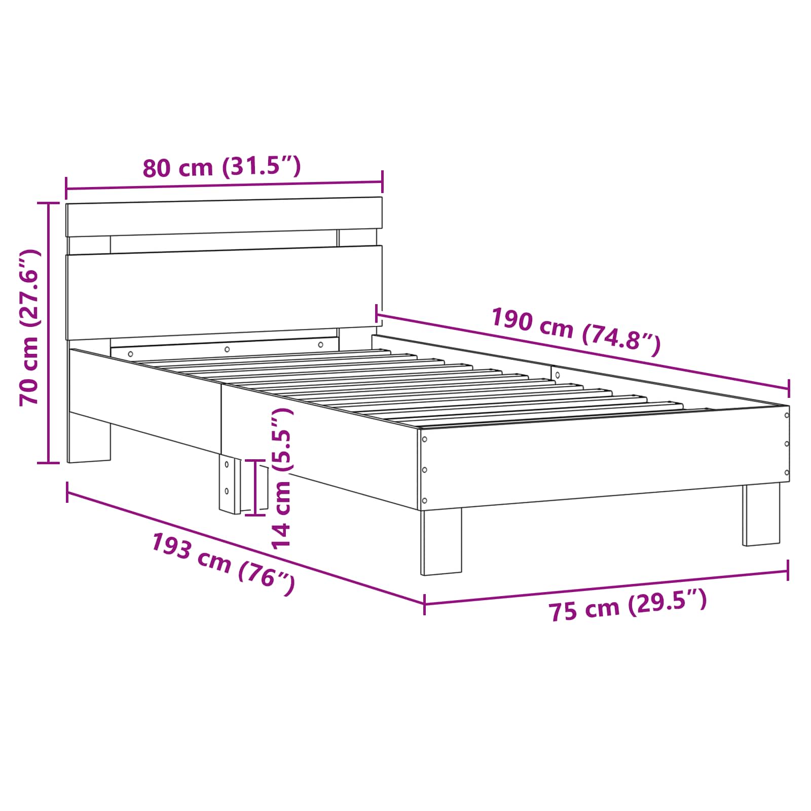 Σκελετός Κρεβατιού Μαύρη Οξυά 75 x 190 cm Επεξεργασμένο ξύλο - Pakobazaar