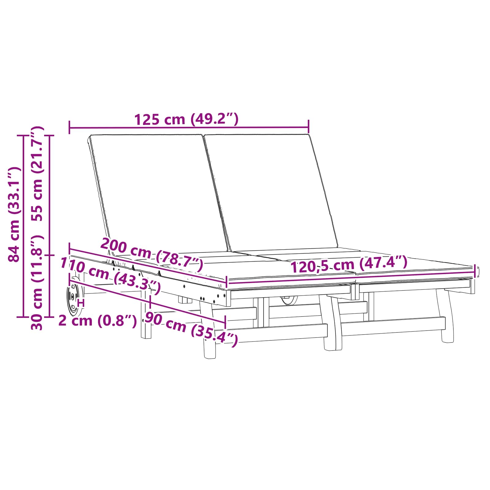 Ξαπλώστρα 2-πρόσωπο Καφέ 63 x 199 x 85 εκ Στερεό Ξύλο Ακακίας - Pakobazaar