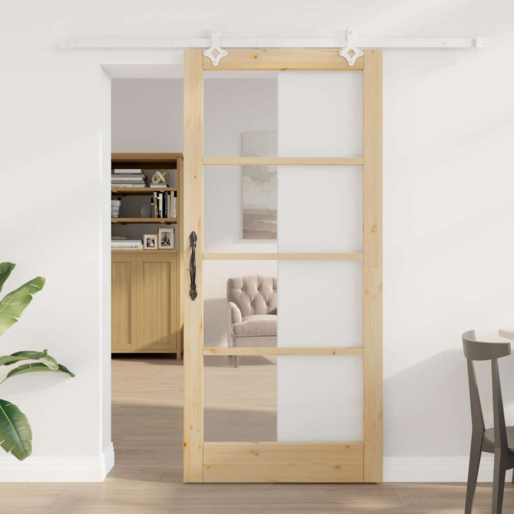 Συρόμενη Πόρτα Φυσικό 93 x 202 cm Μασίφ ξύλο πεύκου και γυαλί - Pakobazaar