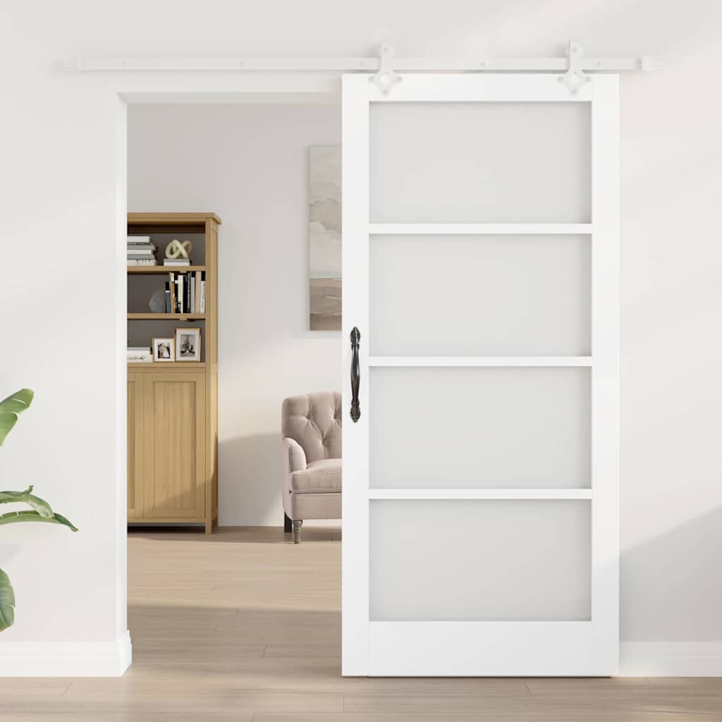 Συρόμενη Πόρτα Λευκό 93 x 202 cm Μασίφ ξύλο πεύκου και γυαλί - Pakobazaar