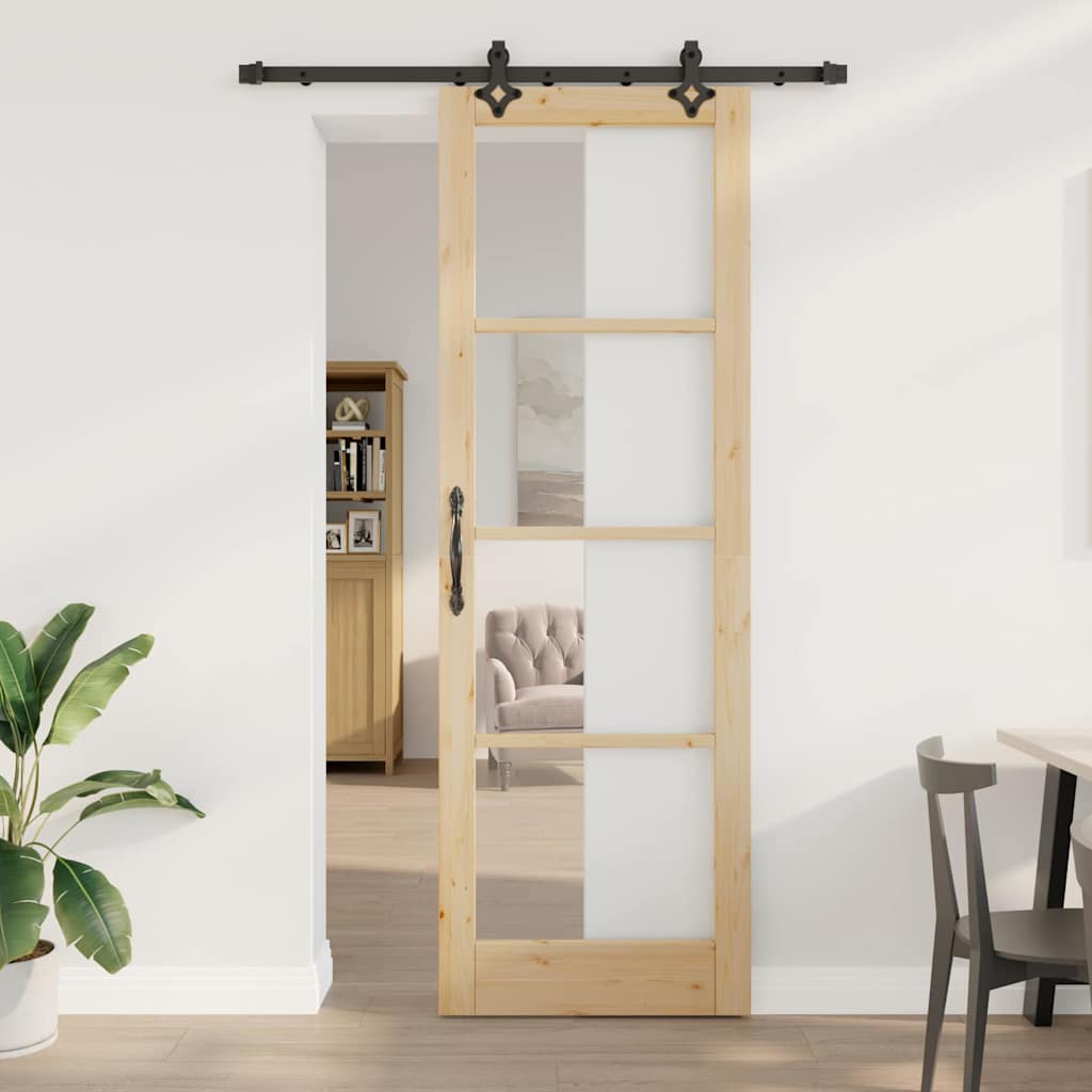 Συρόμενη Πόρτα Φυσικό 78 x 232 cm Μασίφ ξύλο πεύκου και γυαλί - Pakobazaar