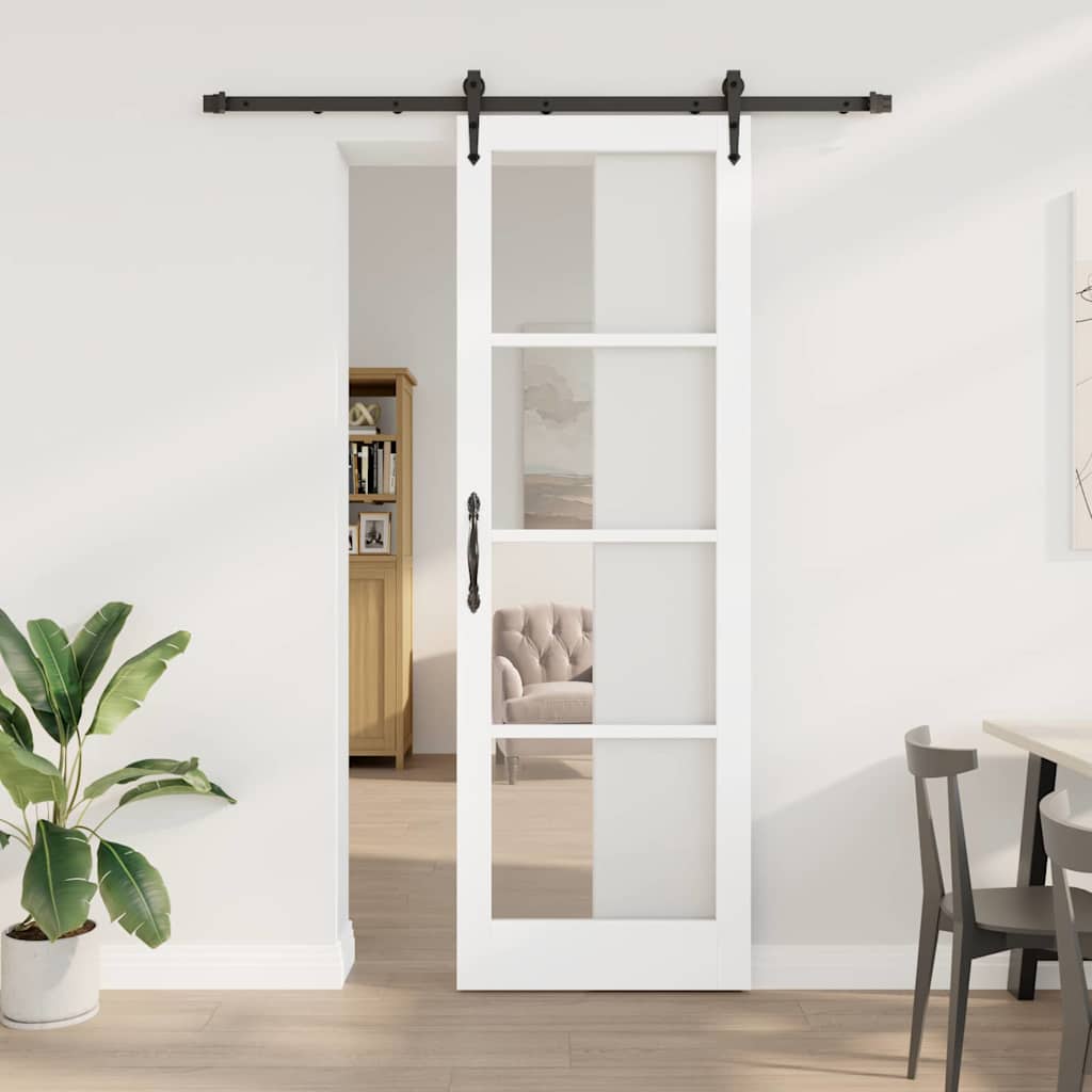 Συρόμενη Πόρτα Λευκό 78 x 232 cm Μασίφ ξύλο πεύκου και γυαλί