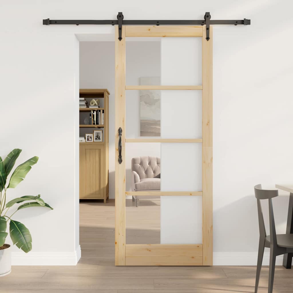 Συρόμενη Πόρτα Φυσικό 86 x 211 cm Μασίφ ξύλο πεύκου και γυαλί - Pakobazaar