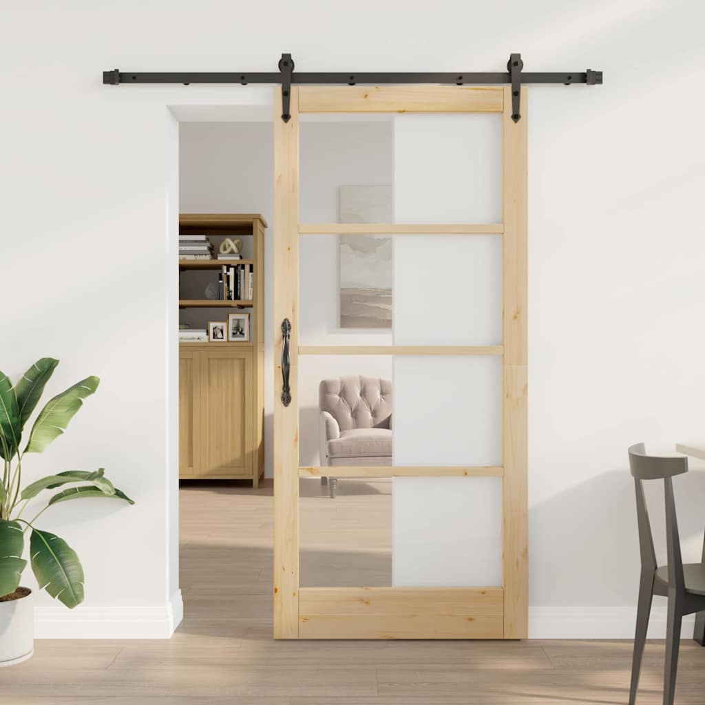 Συρόμενη Πόρτα Φυσικό 93 x 202 cm Μασίφ ξύλο πεύκου και γυαλί - Pakobazaar