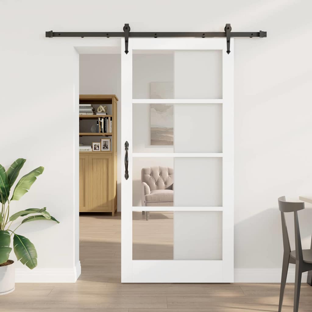 Συρόμενη Πόρτα Λευκό 93 x 202 cm Μασίφ ξύλο πεύκου και γυαλί - Pakobazaar