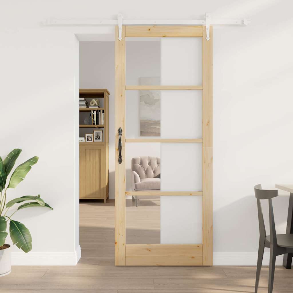 Συρόμενη Πόρτα Φυσικό 86 x 211 cm Μασίφ ξύλο πεύκου και γυαλί - Pakobazaar