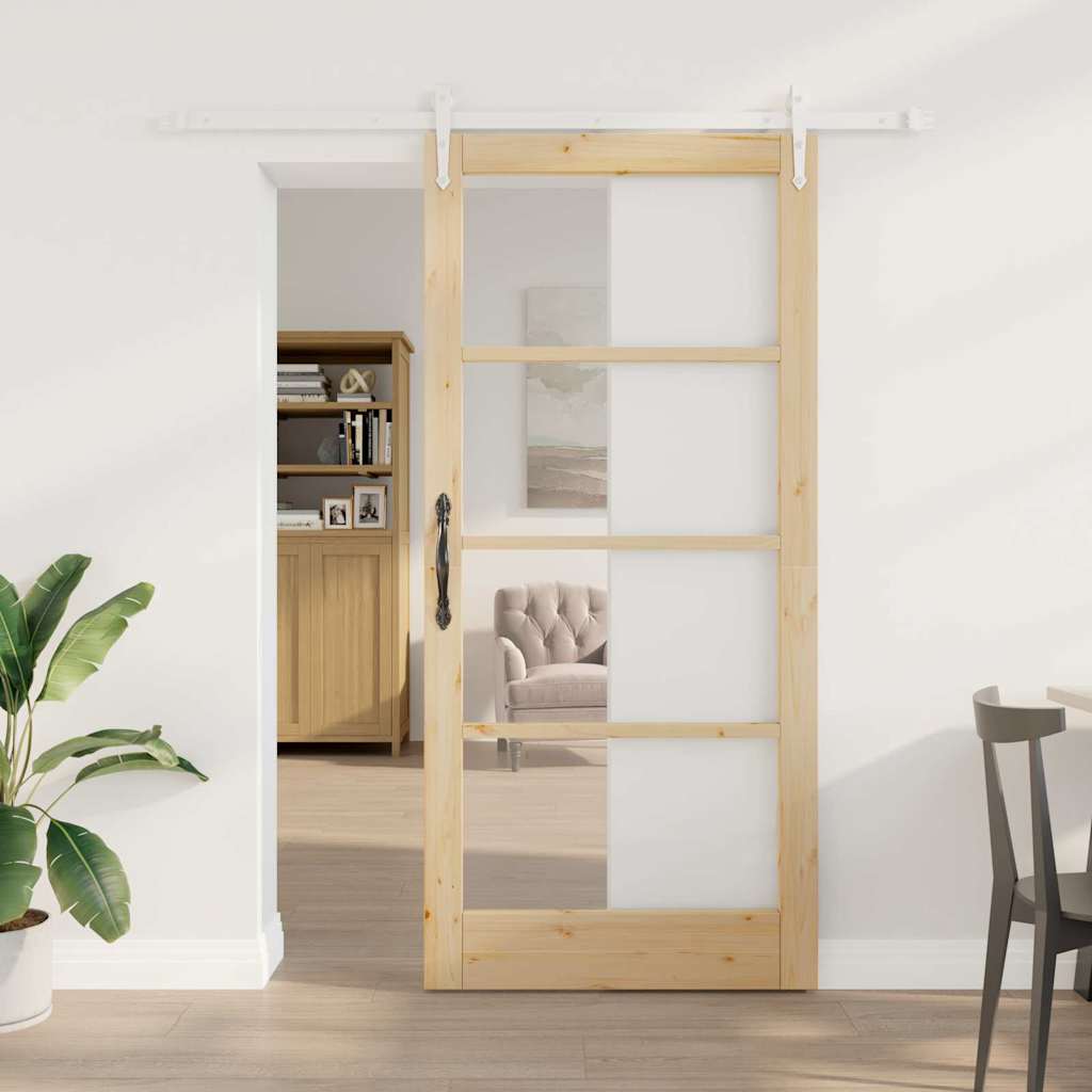 Συρόμενη Πόρτα Φυσικό 93 x 202 cm Μασίφ ξύλο πεύκου και γυαλί - Pakobazaar