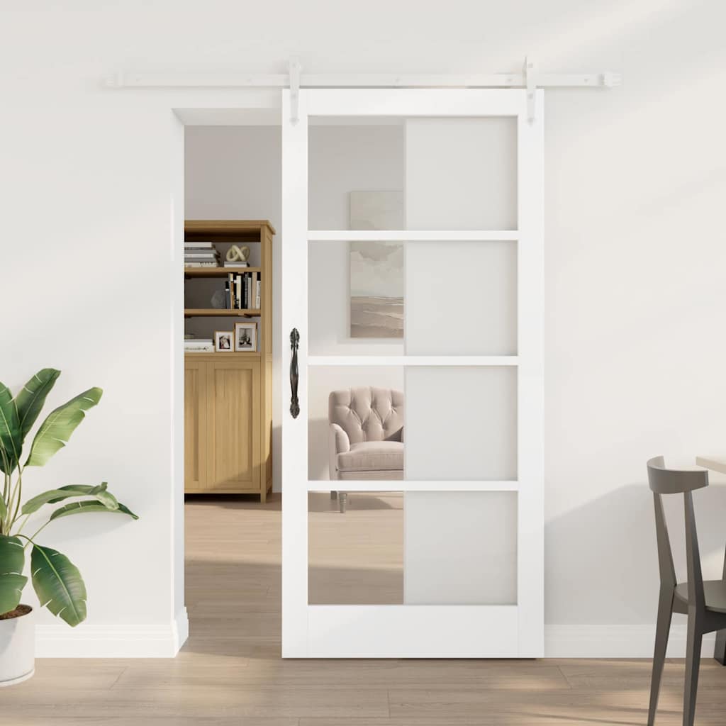 Συρόμενη Πόρτα Λευκό 93 x 202 cm Μασίφ ξύλο πεύκου και γυαλί - Pakobazaar
