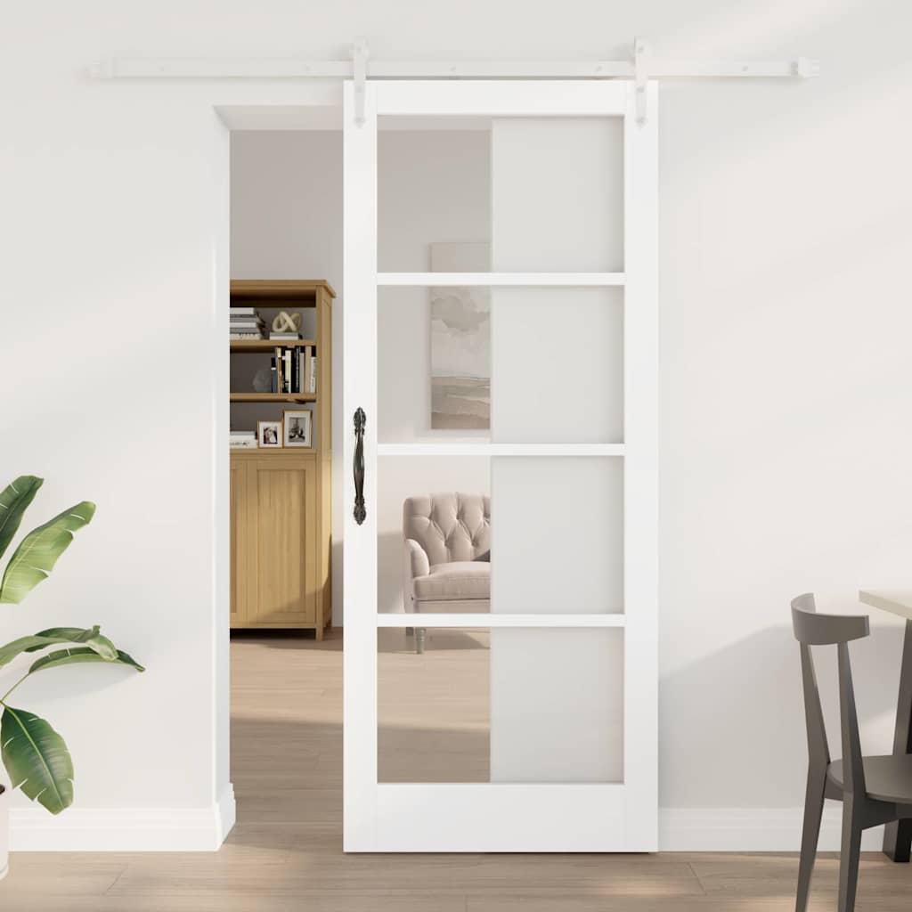 Συρόμενη Πόρτα Λευκό 86 x 211 cm Μασίφ ξύλο πεύκου και γυαλί - Pakobazaar
