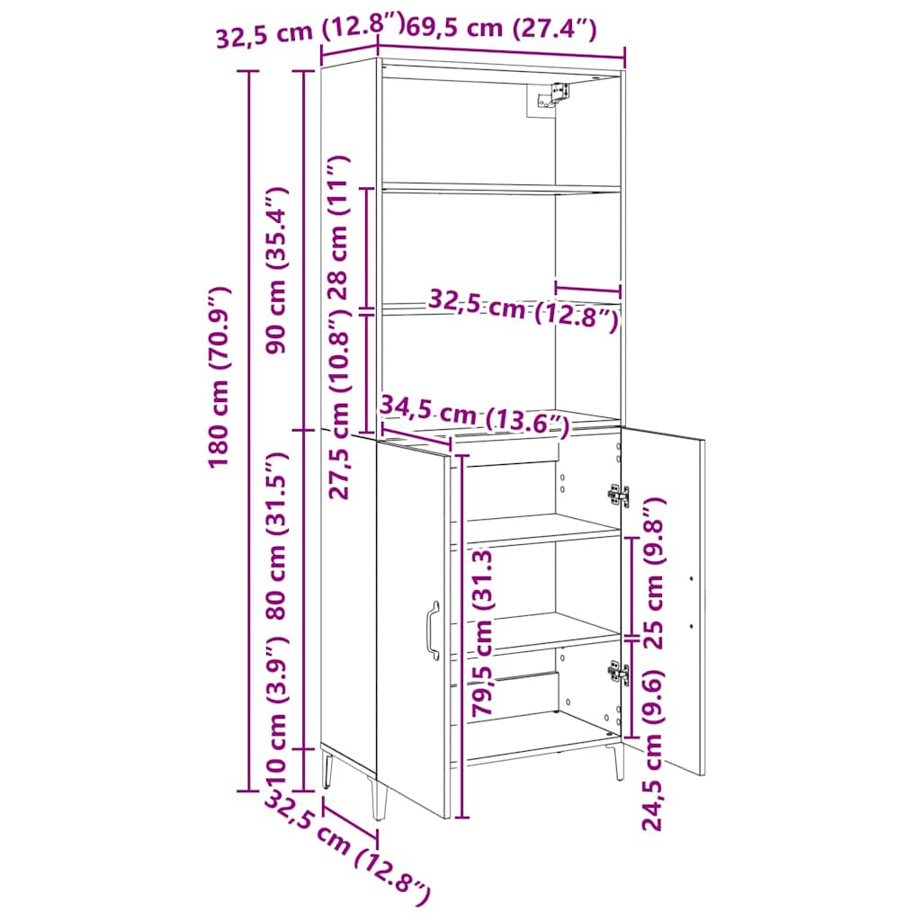 Highboard Μαύρη Οξυά 69,5 x 32,5 x 180 εκ Επεξεργασμένο ξύλο