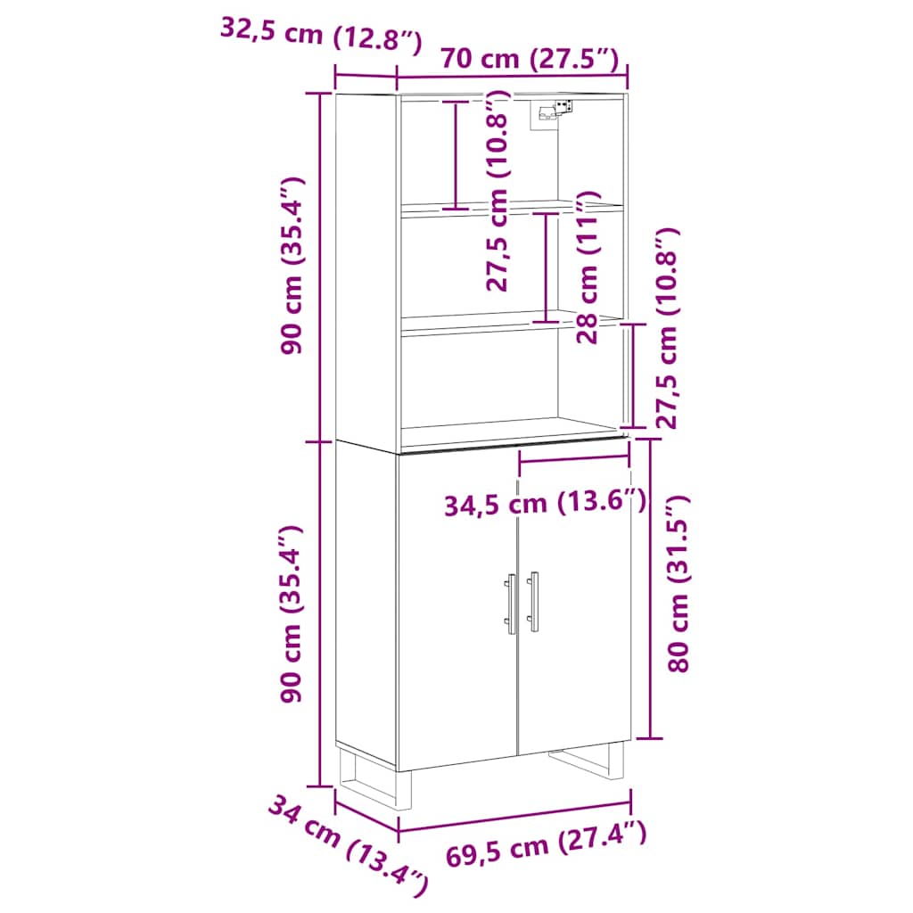 Highboard Μαύρη Οξυά 69,5 x 34 x 180 εκ. Επεξεργασμένο ξύλο - Pakobazaar