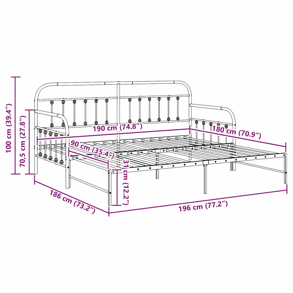Σκελετός κρεβατιού ημέρας Μαύρο 90 x 190 cm - Pakobazaar