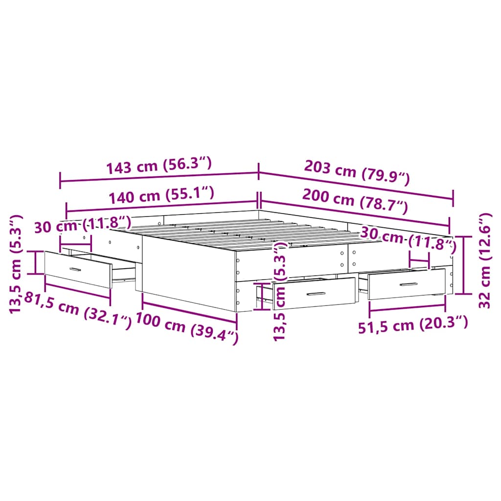 Σκελετός Κρεβατιού Μαύρη Οξυά 140 x 200 cm Επεξεργασμένο ξύλο