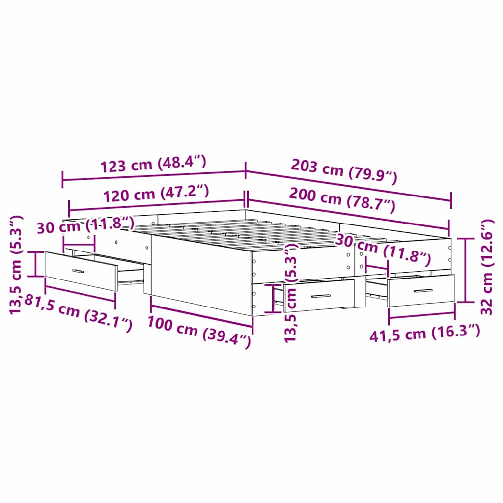Σκελετός Κρεβατιού Παλιό Ξύλο 120 x 200 cm Επεξεργασμένο ξύλο