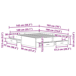 Σκελετός Κρεβατιού Artisan Oak 140 x 190 cm Επεξεργασμένο Ξύλο