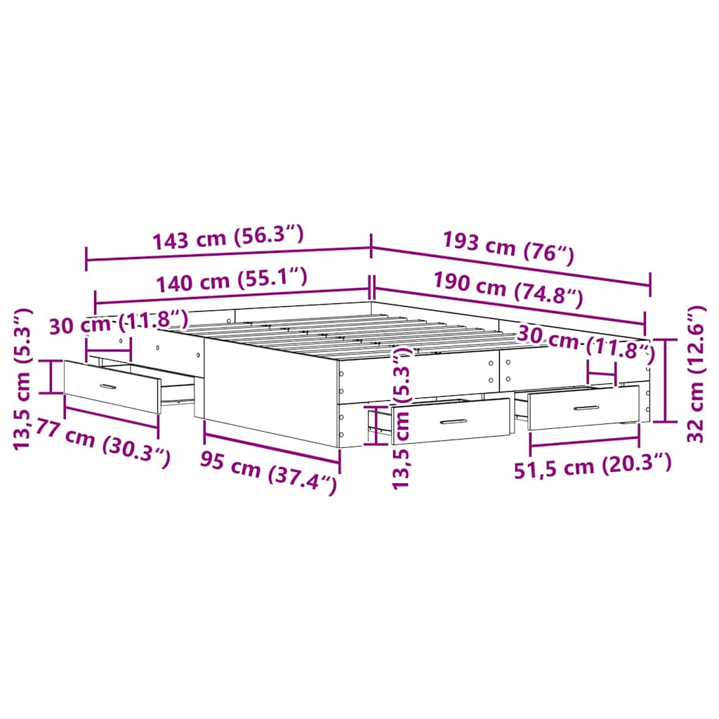 Σκελετός Κρεβατιού Μαύρη Οξυά 140 x 190 cm Επεξεργασμένο ξύλο