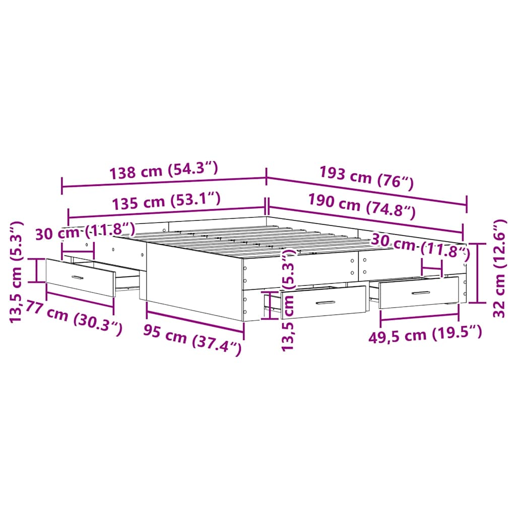 Σκελετός Κρεβατιού Παλιό Ξύλο 135 x 190 cm Επεξεργασμένο ξύλο