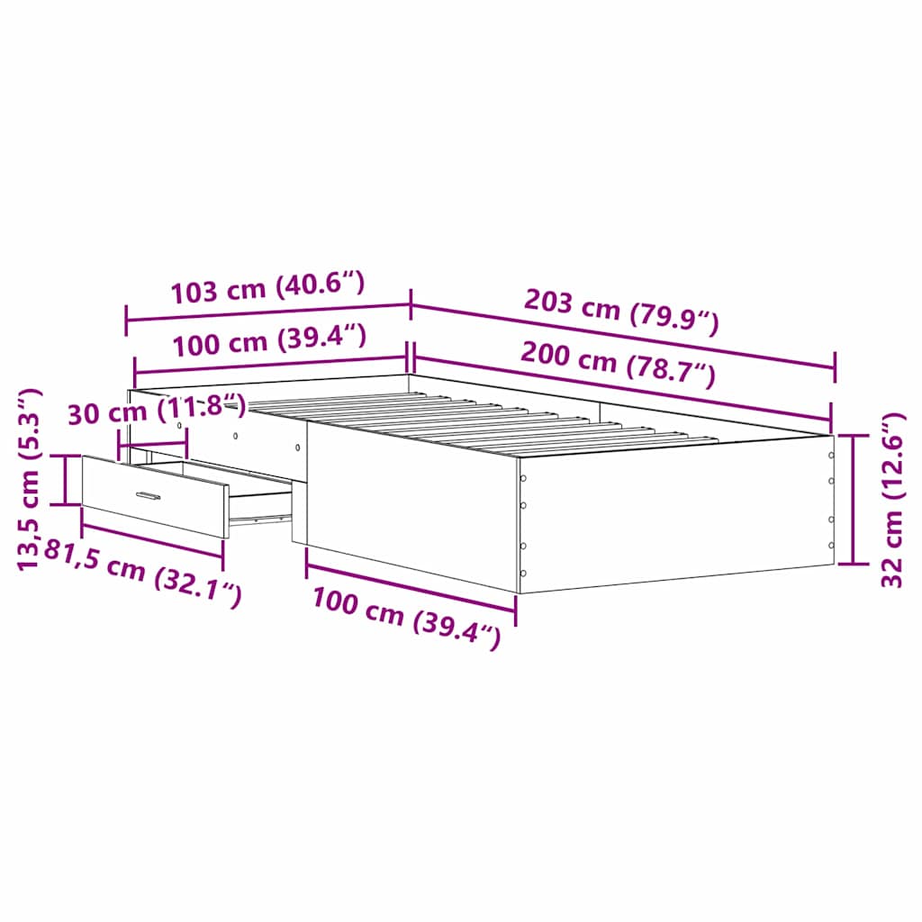 Σκελετός Κρεβατιού Artisan Oak 100 x 200 cm Επεξεργασμένο ξύλο