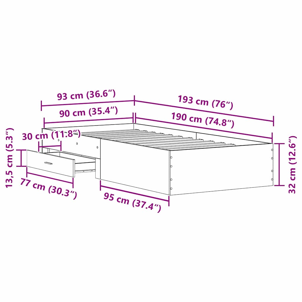 Σκελετός Κρεβατιού Μαύρη Οξυά 90 x 190 cm Επεξεργασμένο ξύλο