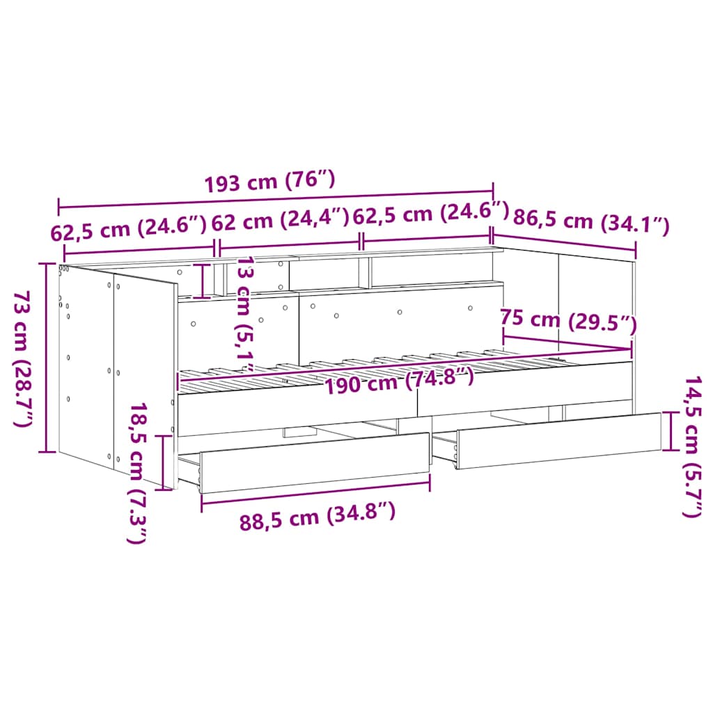 Καναπές Κρεβάτι Μαύρη Οξυά 75 x 190 cm Επεξεργασμένο ξύλο