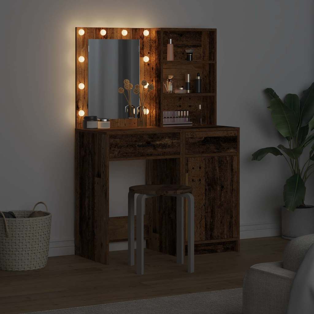 Σετ Τραπέζι Ντυσίματος με LED με φώτα καθρέφτη 2 pcs Παλιό ξύλο - Pakobazaar