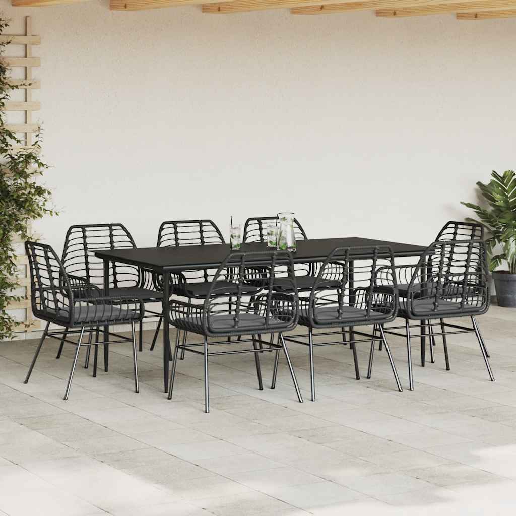 Σετ Τραπεζαρίας Κήπου 9 τεμ Μαύρο Συνθ.Ρατάν/Γυαλί με Μαξιλάρια