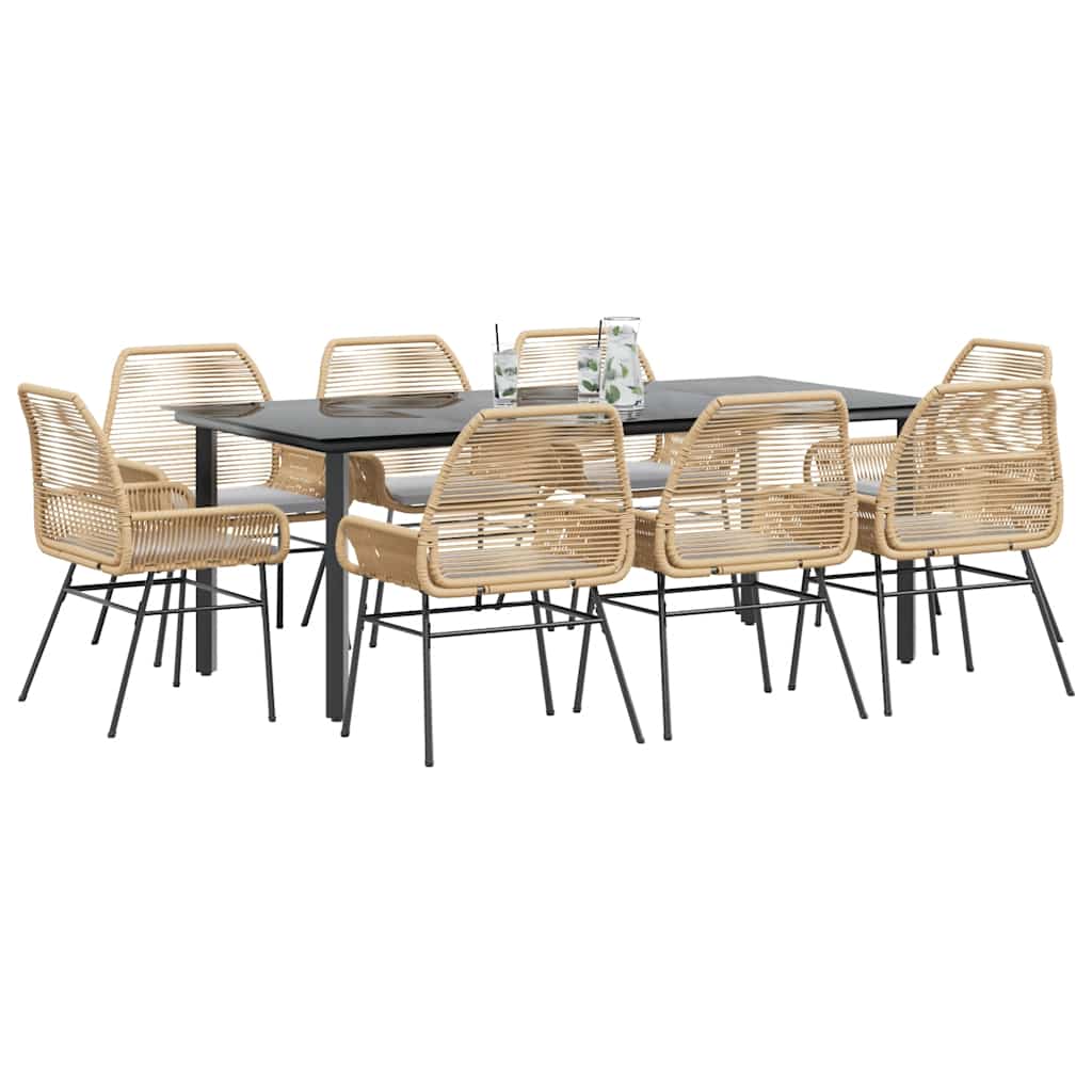 Σετ Τραπεζαρίας Κήπου 9 τεμ. Καφέ Συνθ.Ρατάν/Γυαλί με Μαξιλάρια