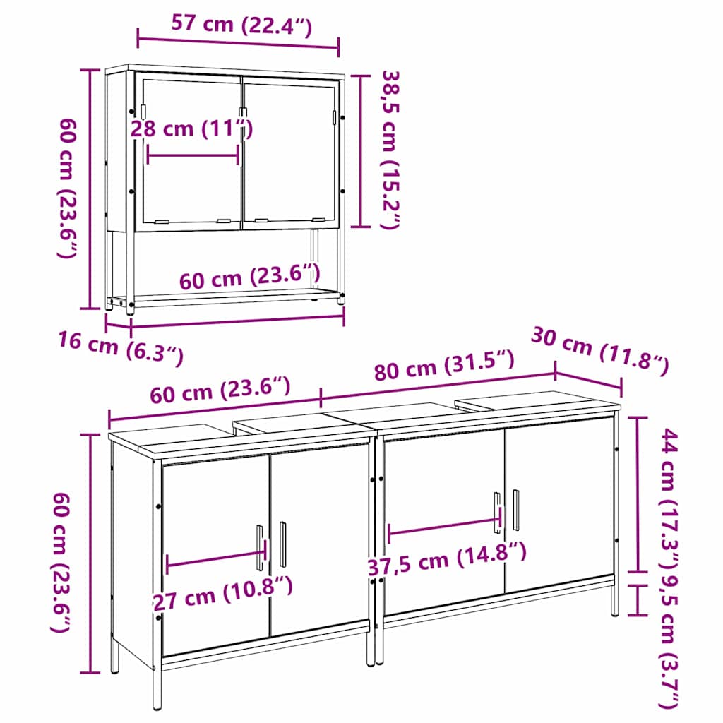 Σετ Επίπλων Μπάνιου με ράφι 3 pcs Καφέ Επεξεργασμένο ξύλο