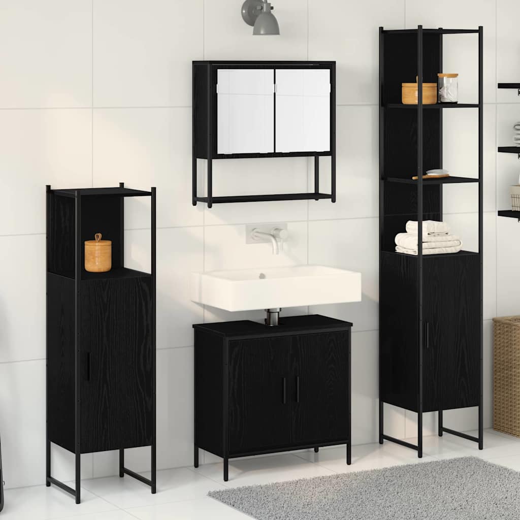 Σετ Επίπλων Μπάνιου με ράφι 4 pcs Μαύρο Επεξεργασμένο ξύλο - Pakobazaar