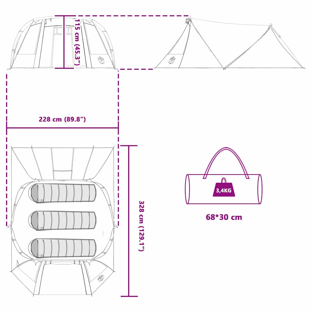 Τέντα Τουνέλ 3-Ατόμων Πράσινο και Λευκό 328 x 228 x 115 εκ. - Pakobazaar