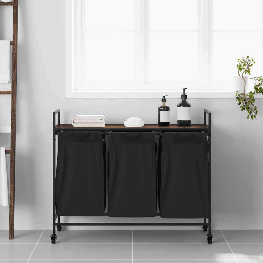 Καλάθι Απλύτων με 3 Θέσεις και Ρόδες, Καφέ Δρυς - Pakobazaar