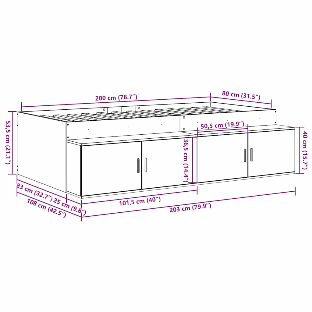 Σκελετός Κρεβατιού Καπνιστό Δρύς 80 x 200 cm Επεξεργασμένο ξύλο