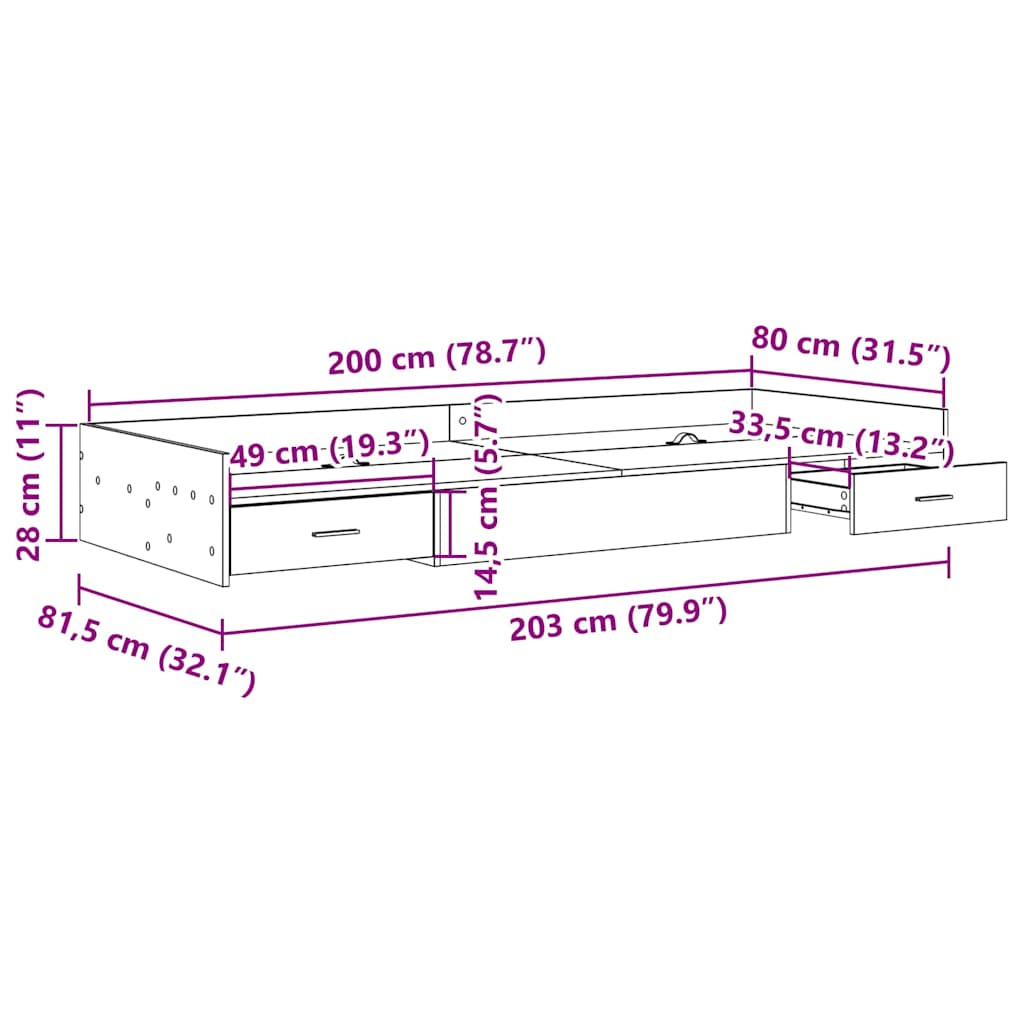 Σκελετός Κρεβατιού Γκρίζο Σονομα 80 x 200 cm Επεξεργασμένο ξύλο