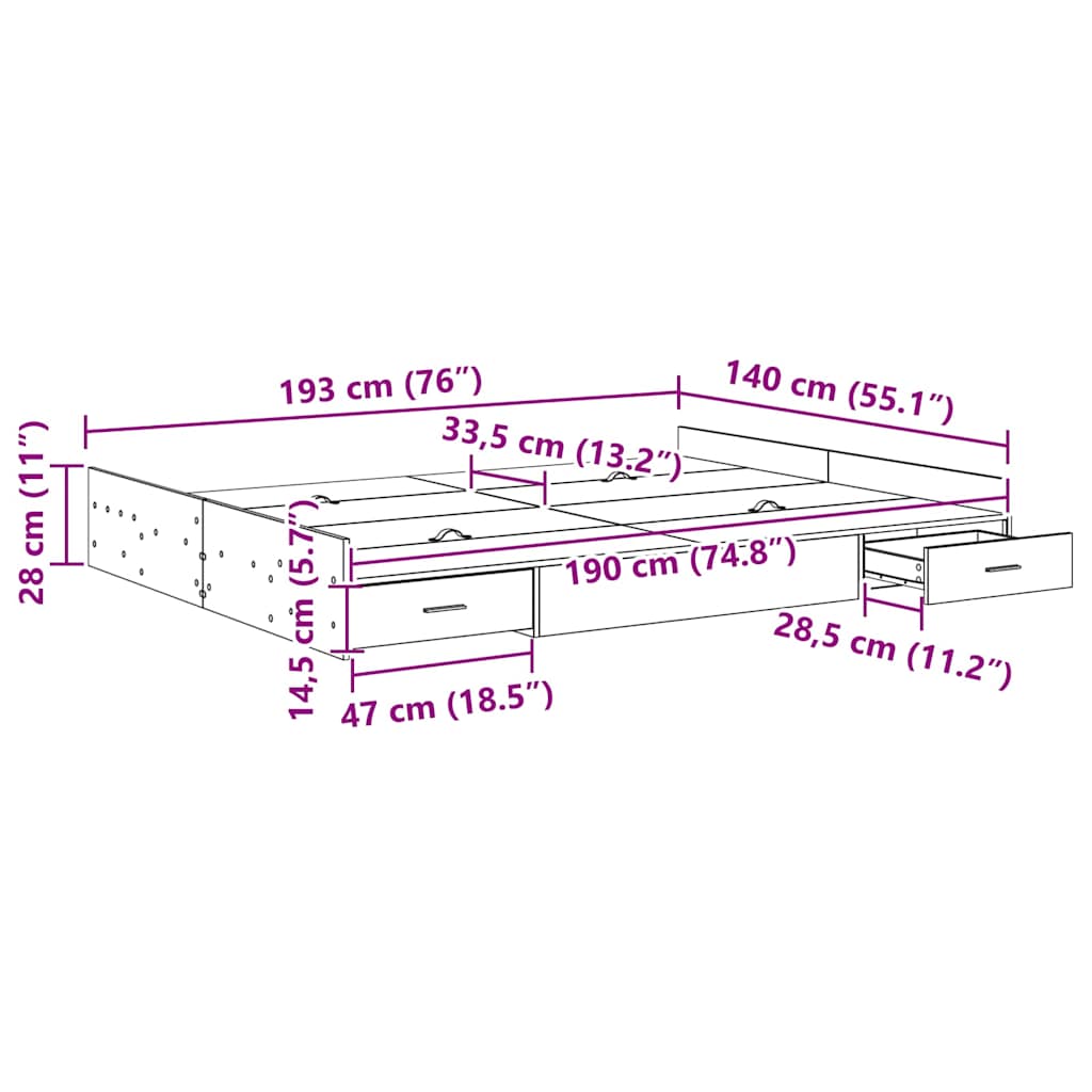 Κρεβάτι με αποθηκευτικό χώρο Σκυρόδεμα Γκρι 140 x 190 cm