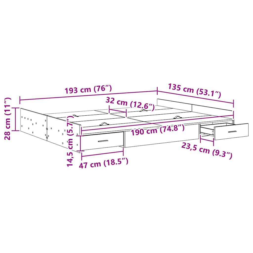 Κρεβάτι με αποθηκευτικό χώρο Καπνιστό Δρύς 135 x 190 cm