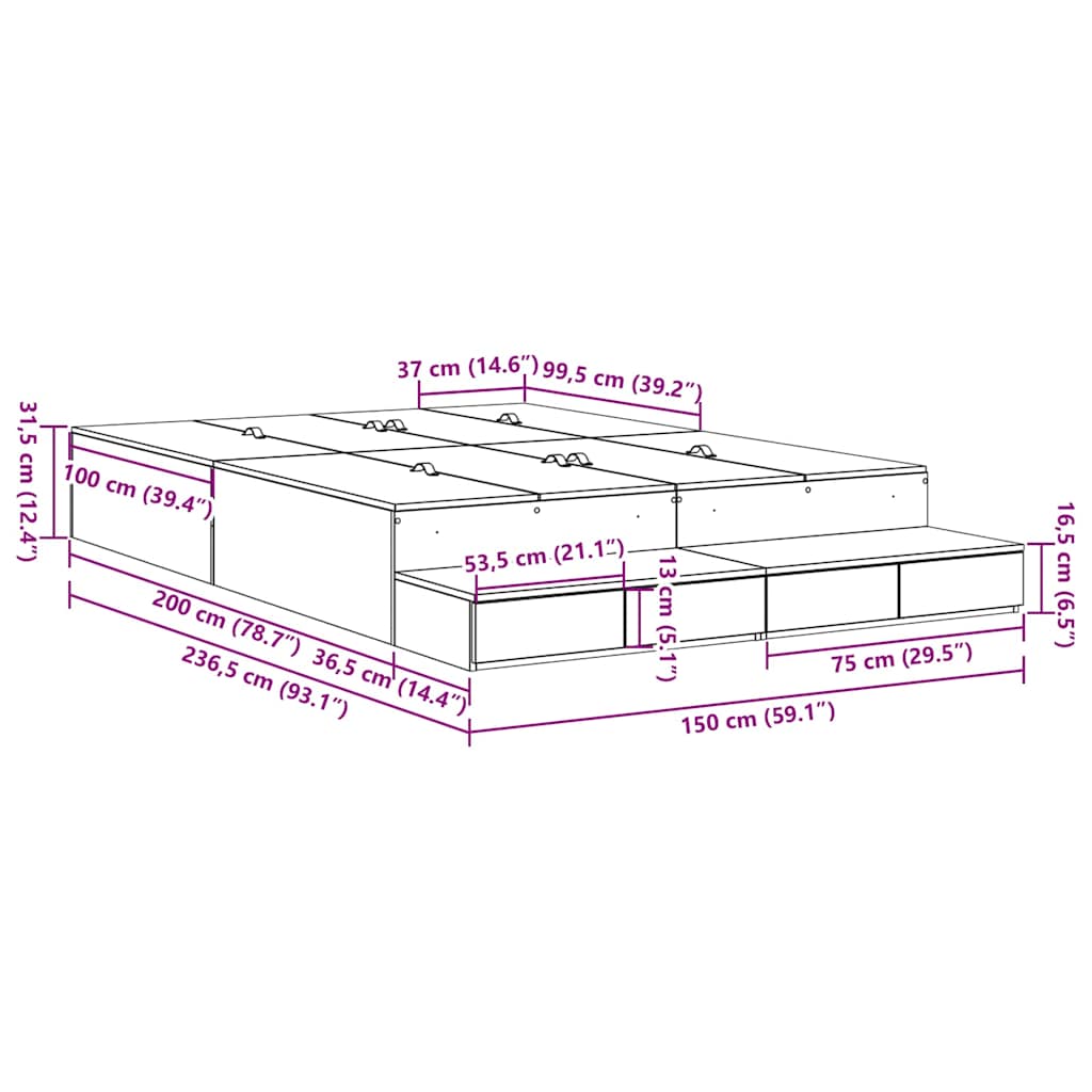 Κρεβάτι με αποθηκευτικό χώρο με συρτάρι Παλιό Ξύλο 150 cm