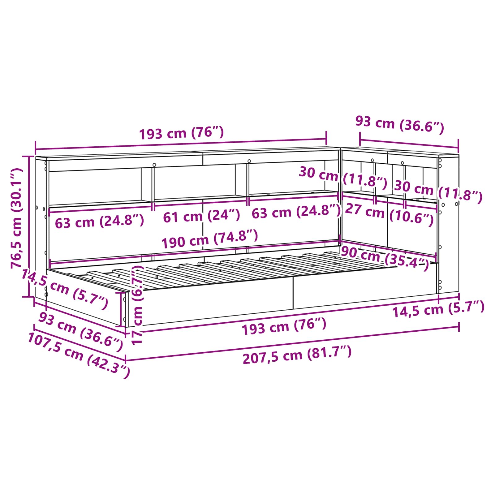 Κρεβάτι Βιβλιοθήκης Γκρι sonoma 90 x 190 cm Επεξεργασμένο Ξύλο - Pakobazaar