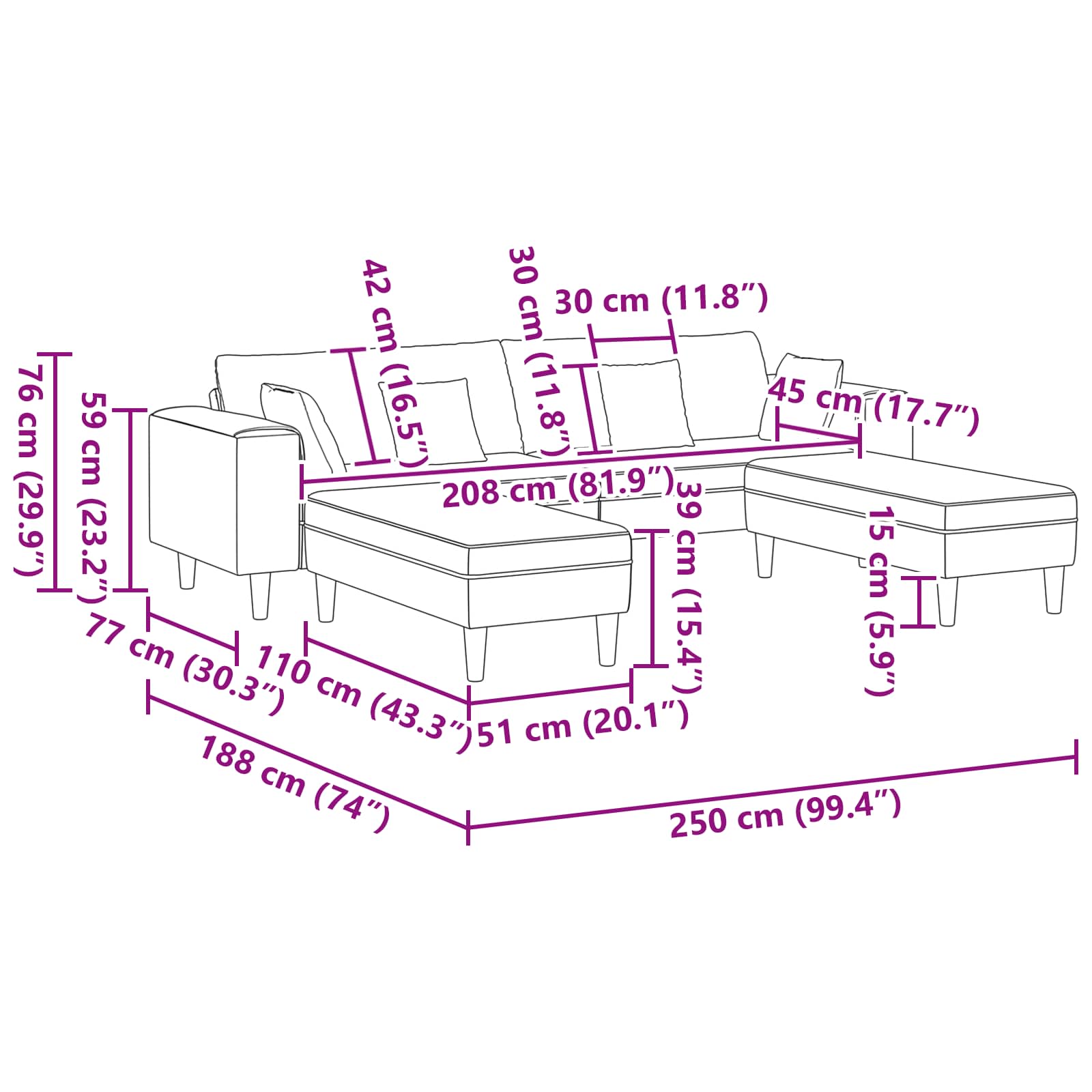 Καναπές 3 pcs Σκούρο Γκρι 250 x 188 x 76 εκ. Βελούδο